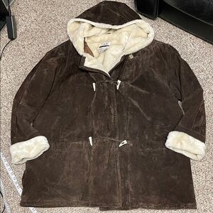 Vintage y2k chocolate suede Hooded Coat with sherling Lining - like new